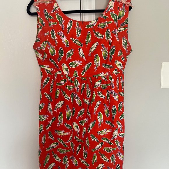 JCREW Red Summer Dress with Parrots has Pockets - Picture 2 of 3